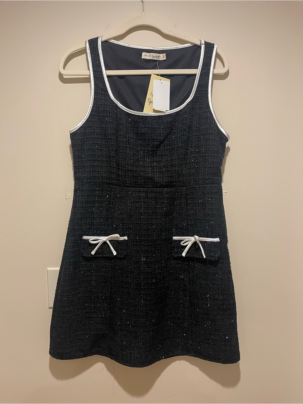Women’s large petite black Tweed Tank Dress with White Trim and Bows